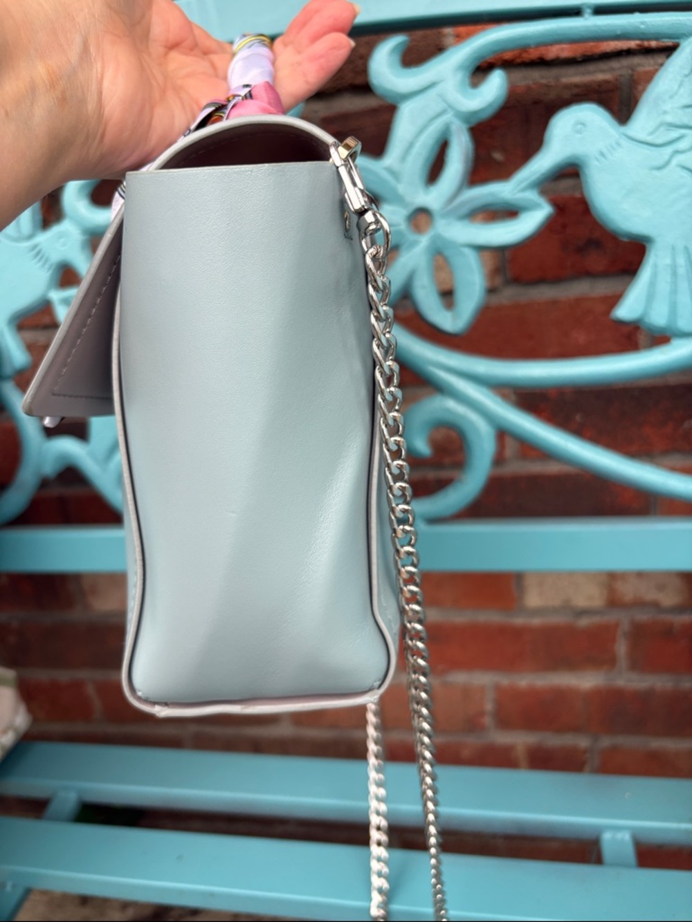 Kate Spade slate blue bag with Scarf-Wrapped Handle and silver chain crossbody. - Picture 4 of 13